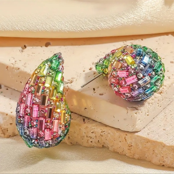 Teardrop Rainbow Multicolor Chunky Trendy Earrings New - Picture 3 of 4